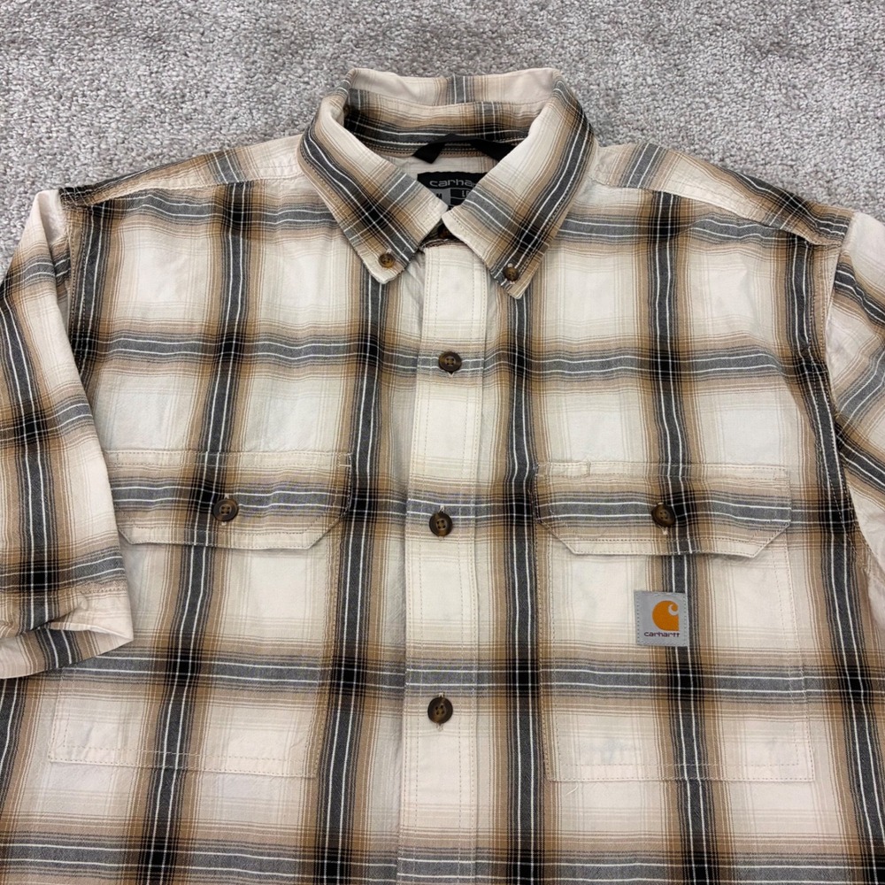 Carhartt Mens Medium Short Sleeve Plaid Loose Fit Button Down Shirt Cream Brown